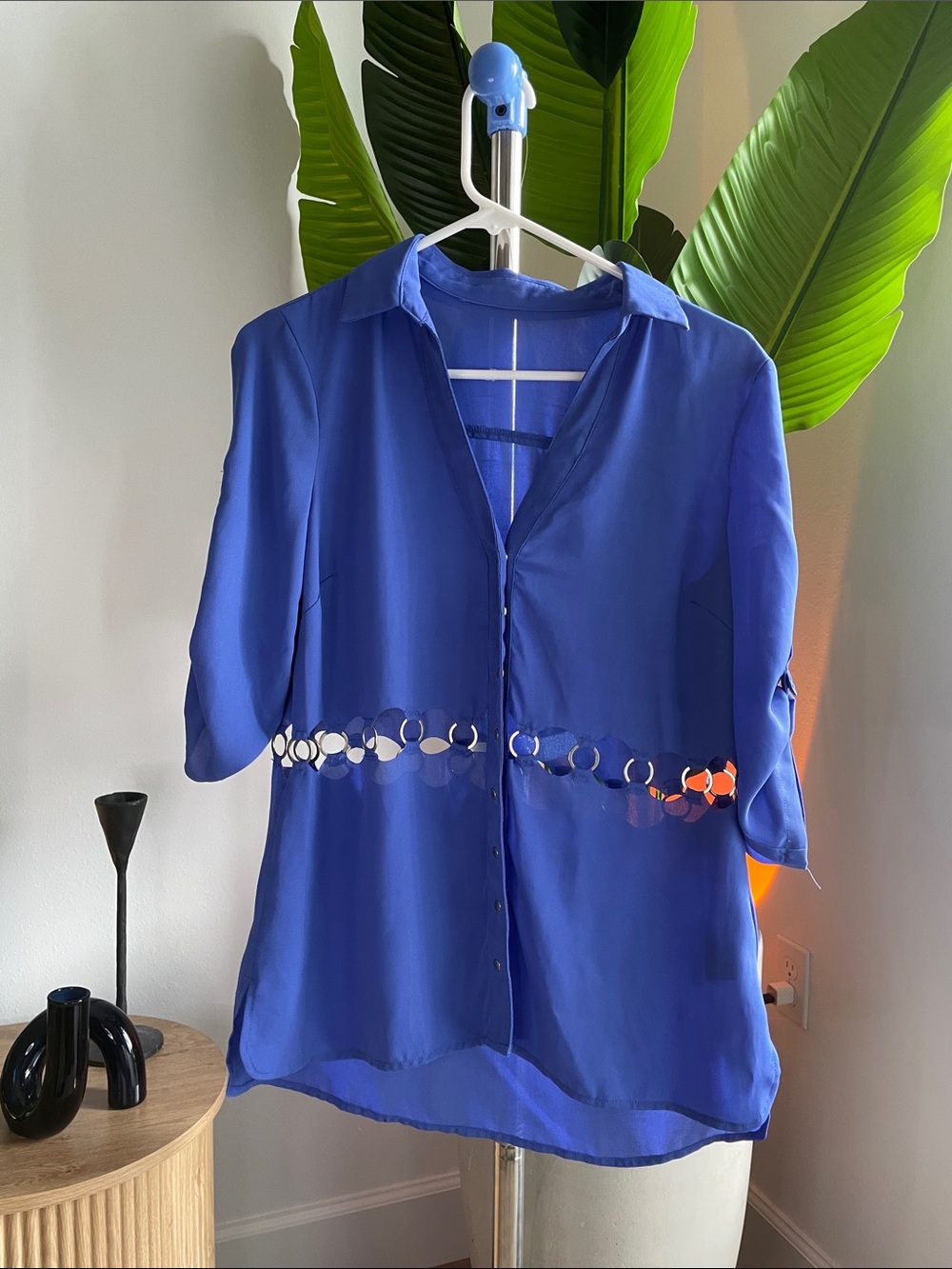 bebe Royal Blue Button-Front Sheer Blouse with Cutout Waist